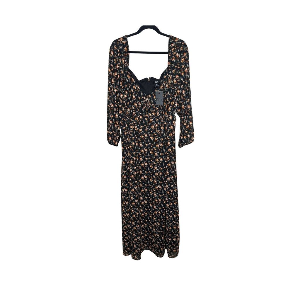 CCX City Chic Floral Maxi Dress Women Plus XL 22 Black Pleated Sheer Sleeves NWT